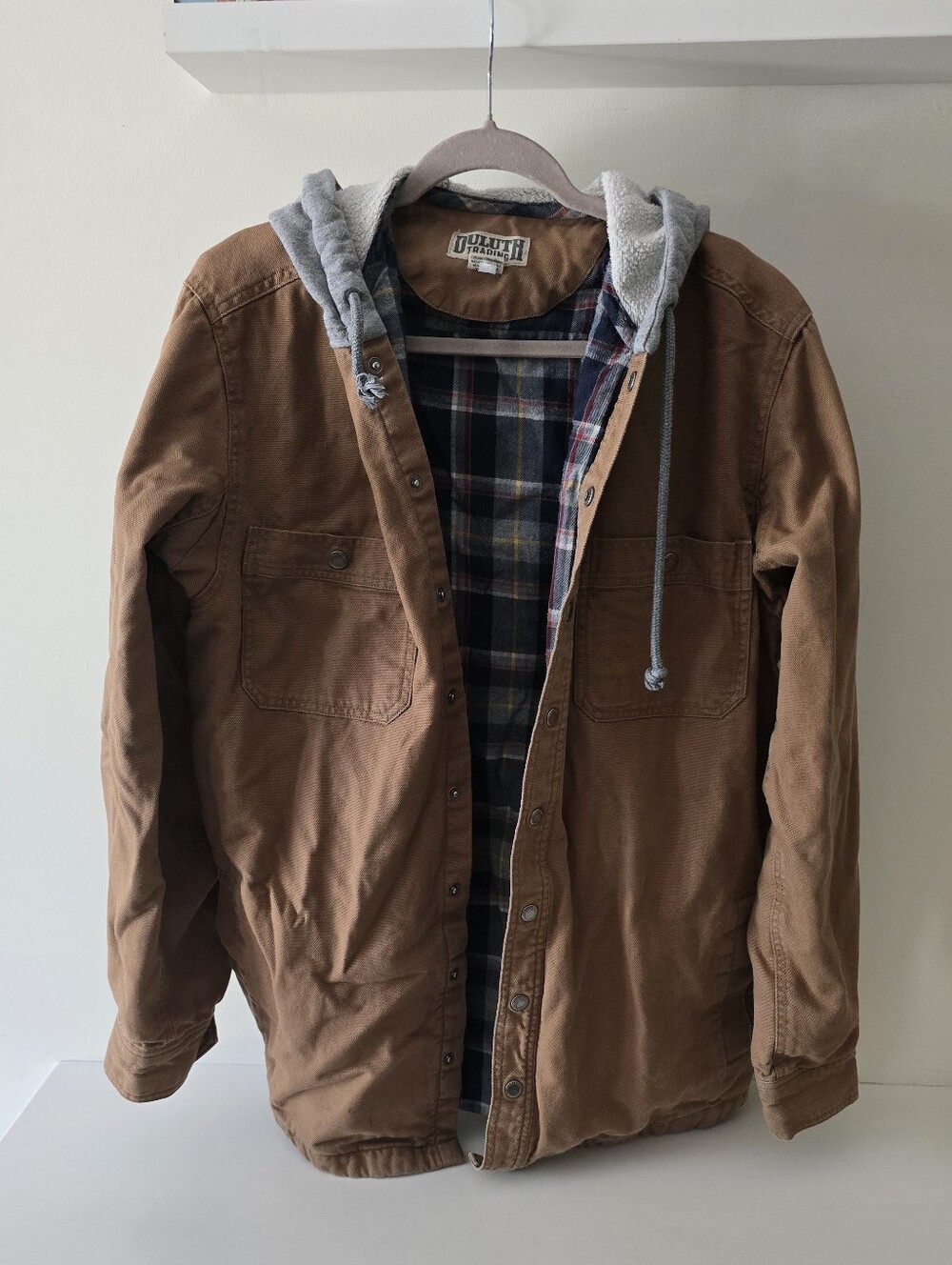 Duluth Trading Co Hooded Canvas Shirt Jacket Brown Plaid L Tall